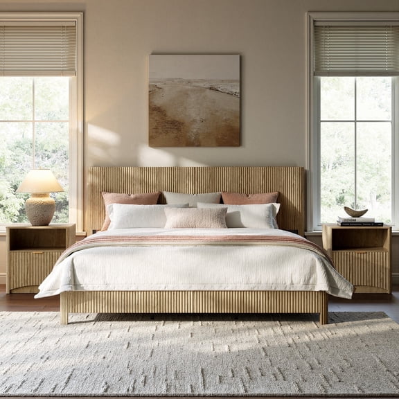 Evermagin King Bed Frame with Headboard, Wood Platform Bed Frame with Metal Slat Support, No Box Spring Needed, Easy Assembly, Natural