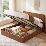 Evermagin King Lift Up Hydraulic Storage Bed Frame, Wooden Platform Bed Frame with Fluted Headboard, No Box Spring Needed, Easy Assembly, Walnut