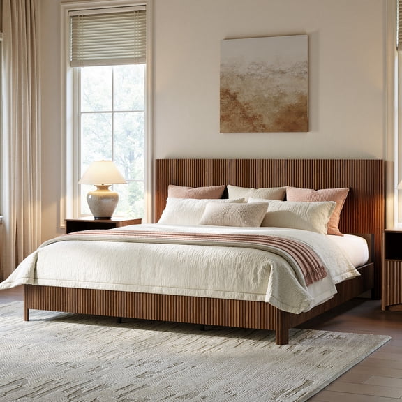 Evermagin King Size Bed Frame with Headboard, Wood Platform Bed Frame with Metal Slat Support, No Box Spring Needed, Easy Assembly, Walnut