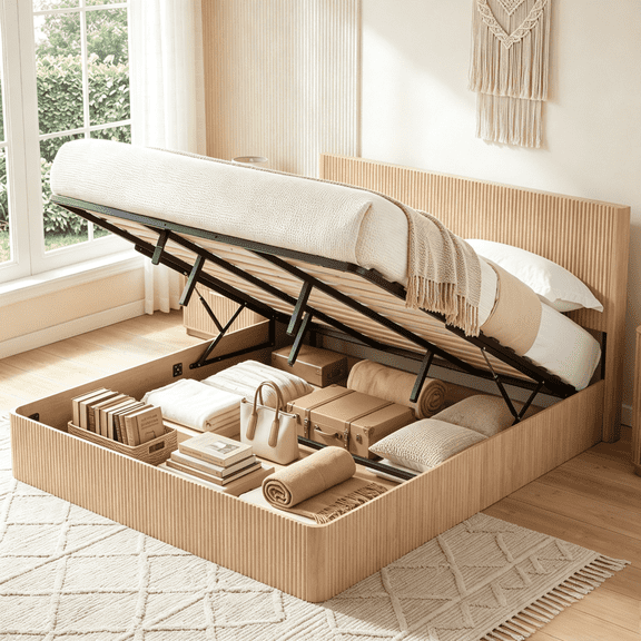 Evermagin King Size Lift Up Storage Bed Frame, Wooden Platform Bed with Fluted Headboard, No Box Spring Needed, Easy Assembly, Natural