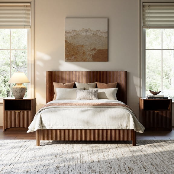 Evermagin Queen Bed Frame with Headboard, Wood Platform Bed Frame with Metal Slat Support, No Box Spring Needed, Easy Assembly, Walnut