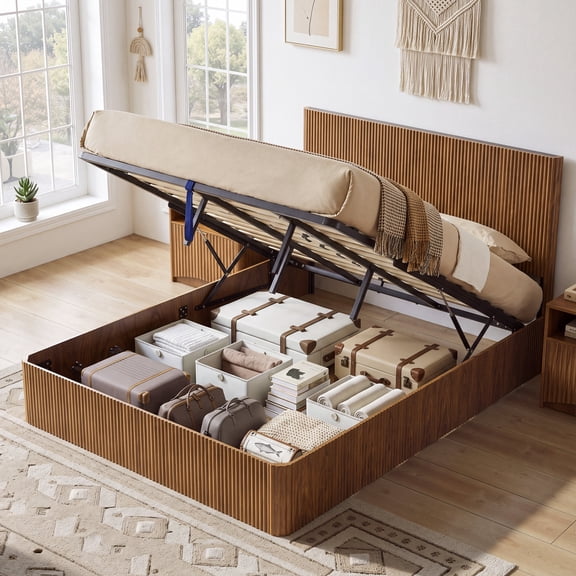 Evermagin Queen Lift Up Hydraulic Storage Bed Frame, Wooden Platform Bed Frame with Fluted Headboard, No Box Spring Needed, Easy Assembly, Walnut