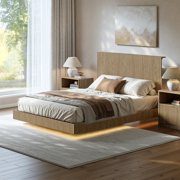 Evermagin Queen Size Floating Bed Frame with LED Lights and Charging Station, Heavy Duty Platform Bed Frame with Headboard, No Box Spring Need, Natural