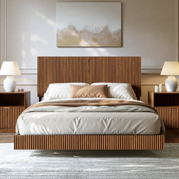 Evermagin Queen Size Floating Bed Frame with LED Lights and Charging Station, Heavy Duty Platform Bed Frame with Headboard, No Box Spring Need, Walnut