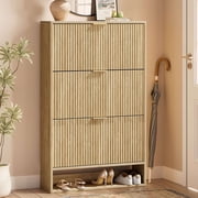 Evermagin Shoe Cabinet with 3 Flip Drawers, 31.5W Wood Fluted Shoe Storage Cabinet Organizer with Open Shelf for Entryway, Hallway, Living Room, Oak