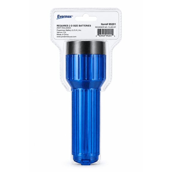 Evermax 2D Battery Flashlight, Blue, Requires 2 D-Size Batteries, Batteries Not Included, Item 99201