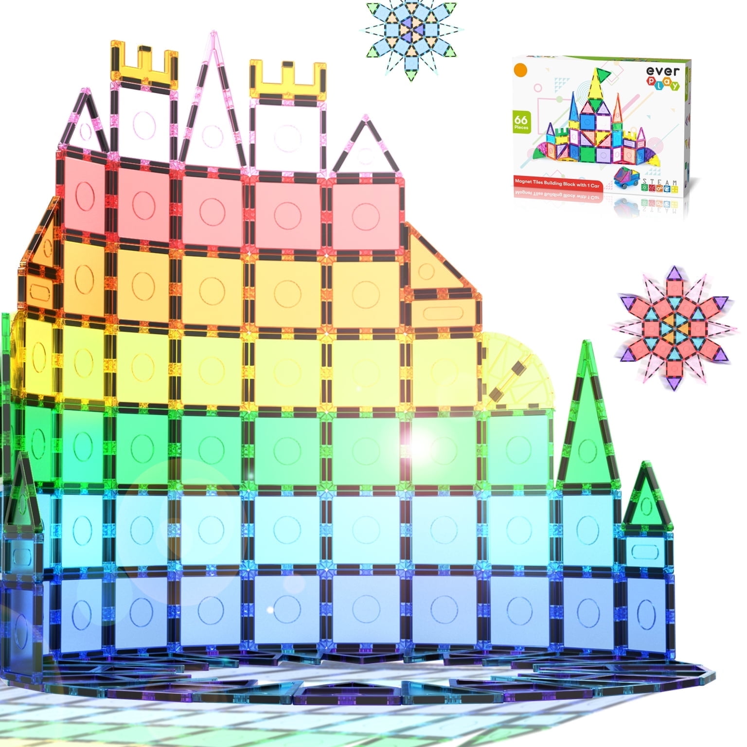 Everplay 66-Piece Magnetic Tiles and Car Set, Multicolor