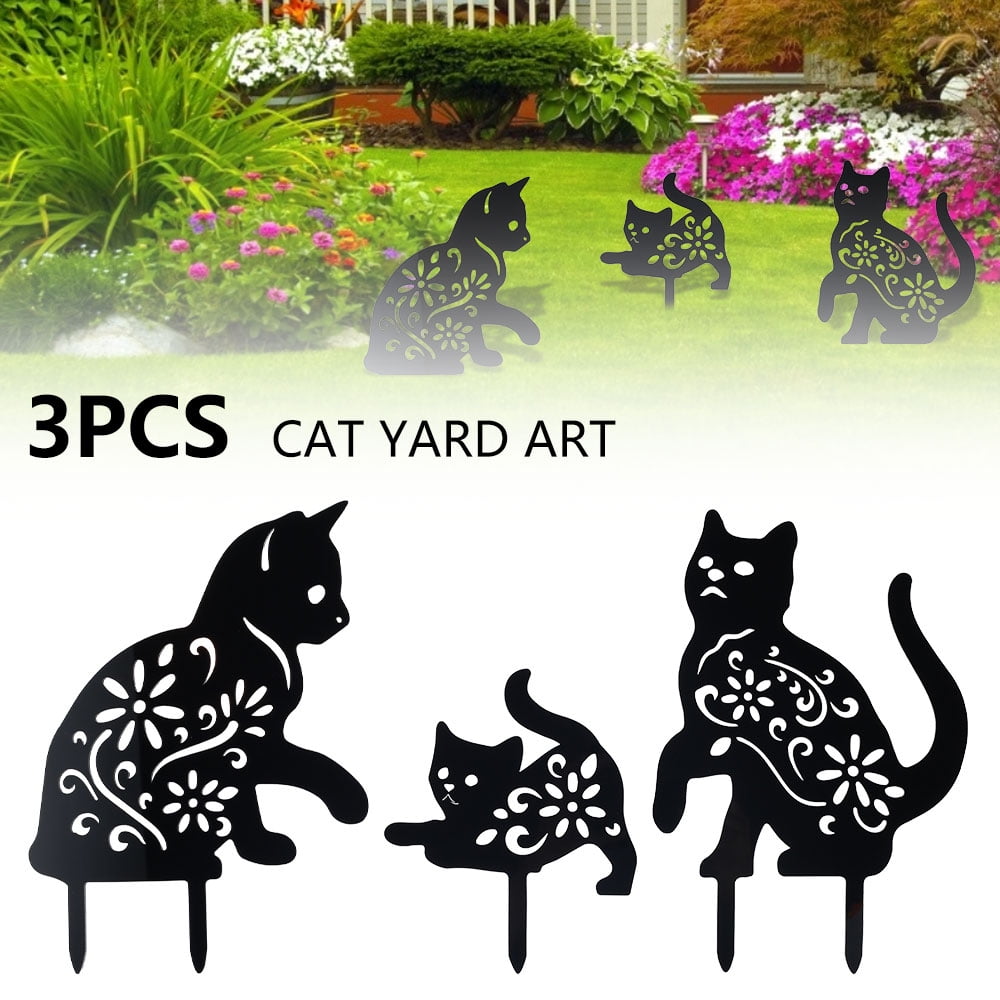 Everso 3Pcs Cat Silhouette Stake,Black Cat Garden Decorative Stake