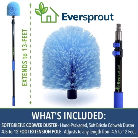 Eversprout 13 Foot Cobweb Duster & Extension Pole Combo (Soft Bristles, Aluminum Pole) | Indoor & Outdoor Use