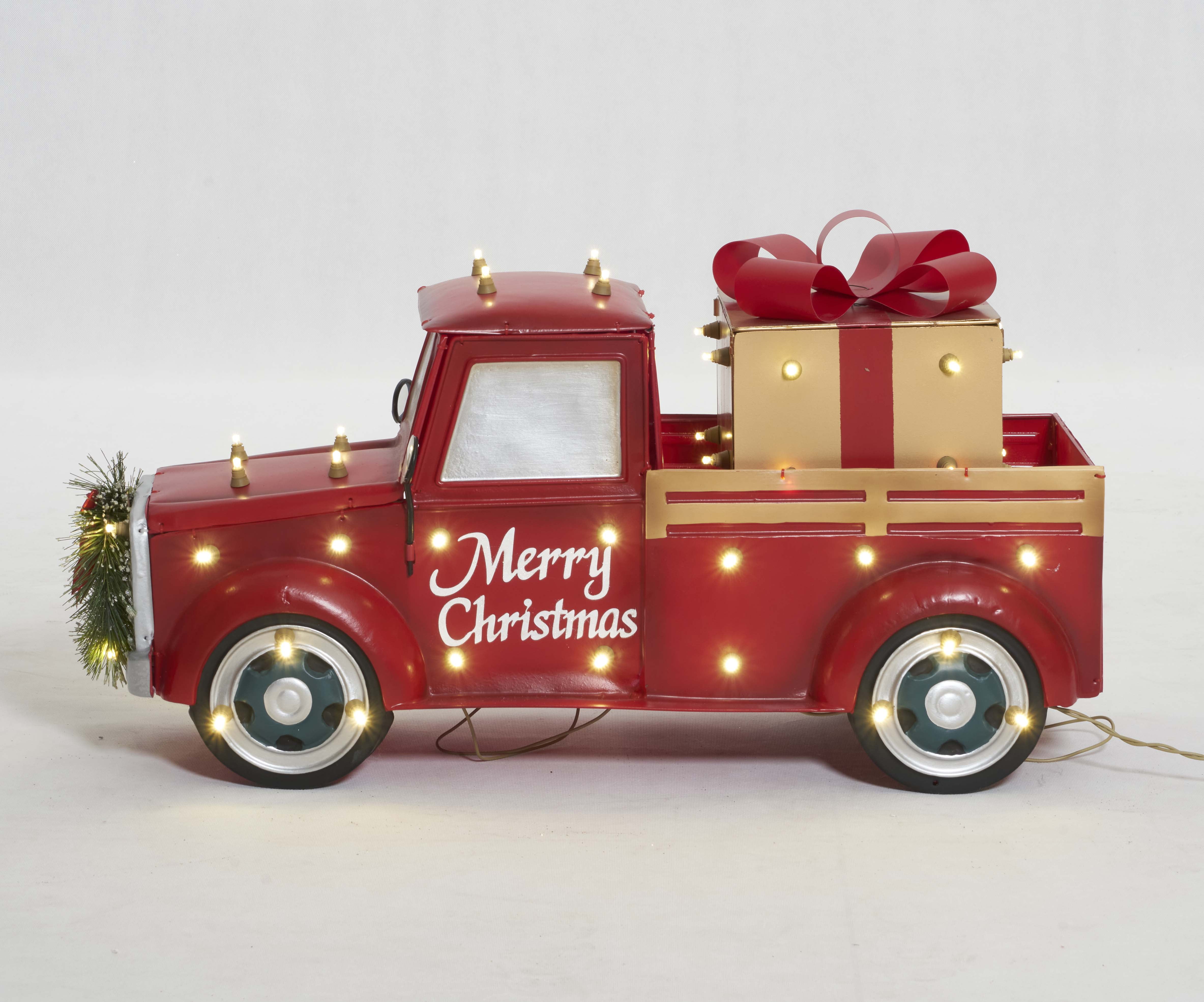 Red Metal LED Truck with Gift Box Sculpture, 28-inch