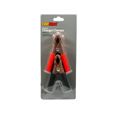 Everstart 50-Amp Booster Cable Clamps, designed for use with 6-12V batteries to start stalled vehicles.