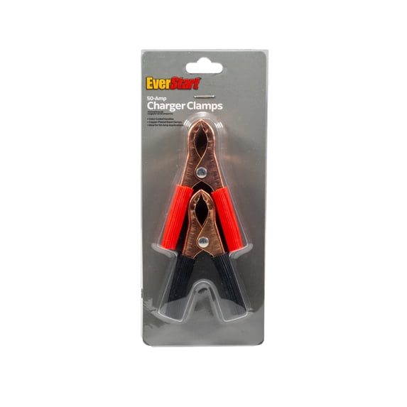 Everstart 50-Amp Booster Cable Clamps, designed for use with 6-12V batteries to start stalled vehicles.