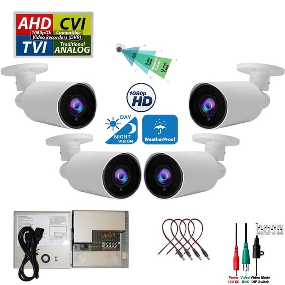 Evertech 1080P HD Day Night Vision Outdoor Indoor Bullet CCTV Security Camera (pack of 4) Compatible w/ AHD TVI CVI and Traditional Analog DVRs with 12V DC Power Supply Box