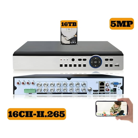 Evertech 16 Channel 5MP H.265 Security Digital Video Recorder DVR 16TB HDD for Continuous Recording