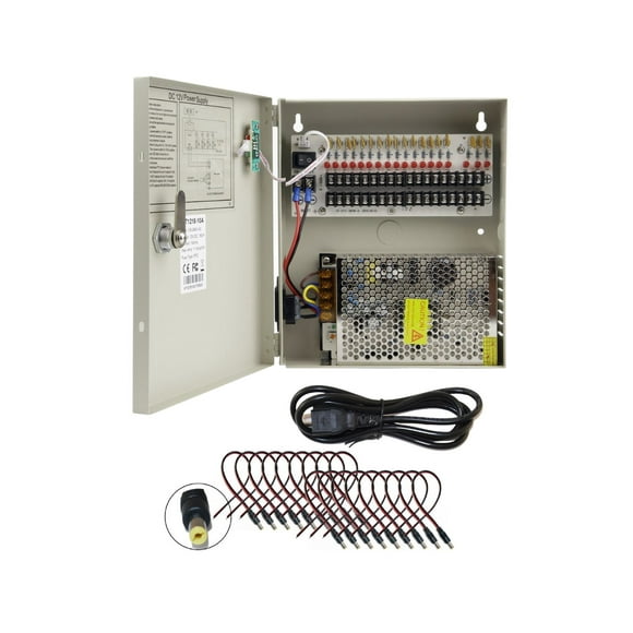 Evertech 16 Channel DC 12V 10A  CCTV Distributed Power Supply Box with DC Male Power Conenctors for Security Cameras and DVR