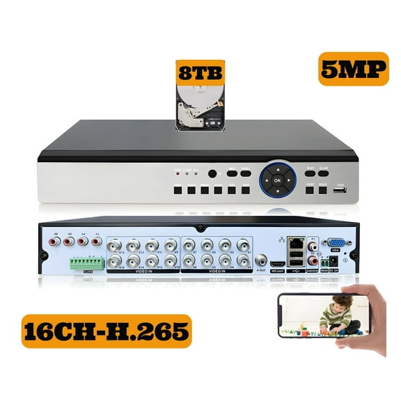 Evertech 16 Channel H.265 5MP AHD TVI CVI Analog Surveillance Camera Digital Video Recorder with 8TB Hard Drive Memory