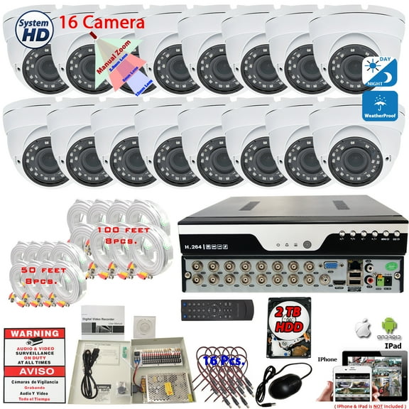Evertech 16 Channel HD DVR w/ 16 pcs. 1080p 2.8-12mm Manual Zoom HD Security Camera System Set w/ 2TB Hard Drive