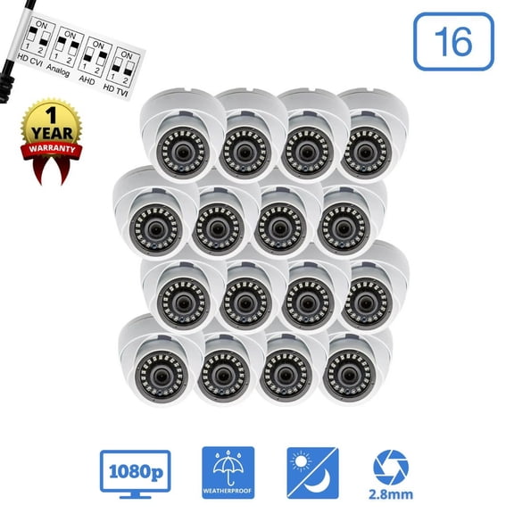Evertech 16 Pcs 1080p HD Wide Angle Lens Indoor Outdoor Weatherproof Metal Dome CCTV Camera