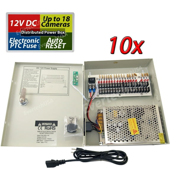 Evertech 18 Channel 12V DC 10 Amp Distributed Power Supply Box with PTC Fuse Key-Lock for CCTV Security System - 10 Pack