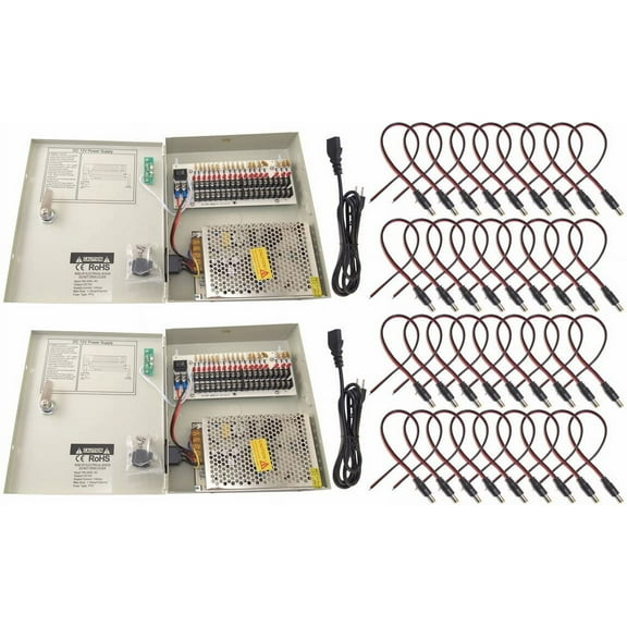 Evertech 18 Channel 12V DC 10 Amp Power Supply Distribution Box with Male Power Connectors - 2 Pack