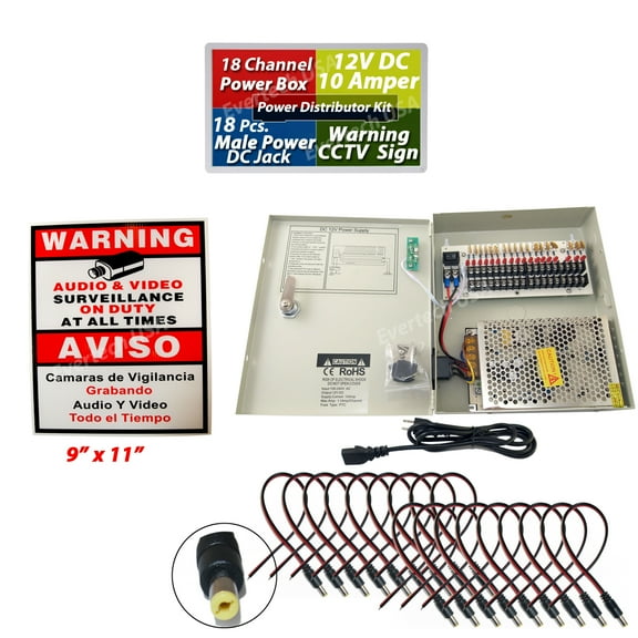 Evertech 18 Channel 12V DC 10A Power Supply Distributor Box w/ 18X DC Plug and CCTV Sign