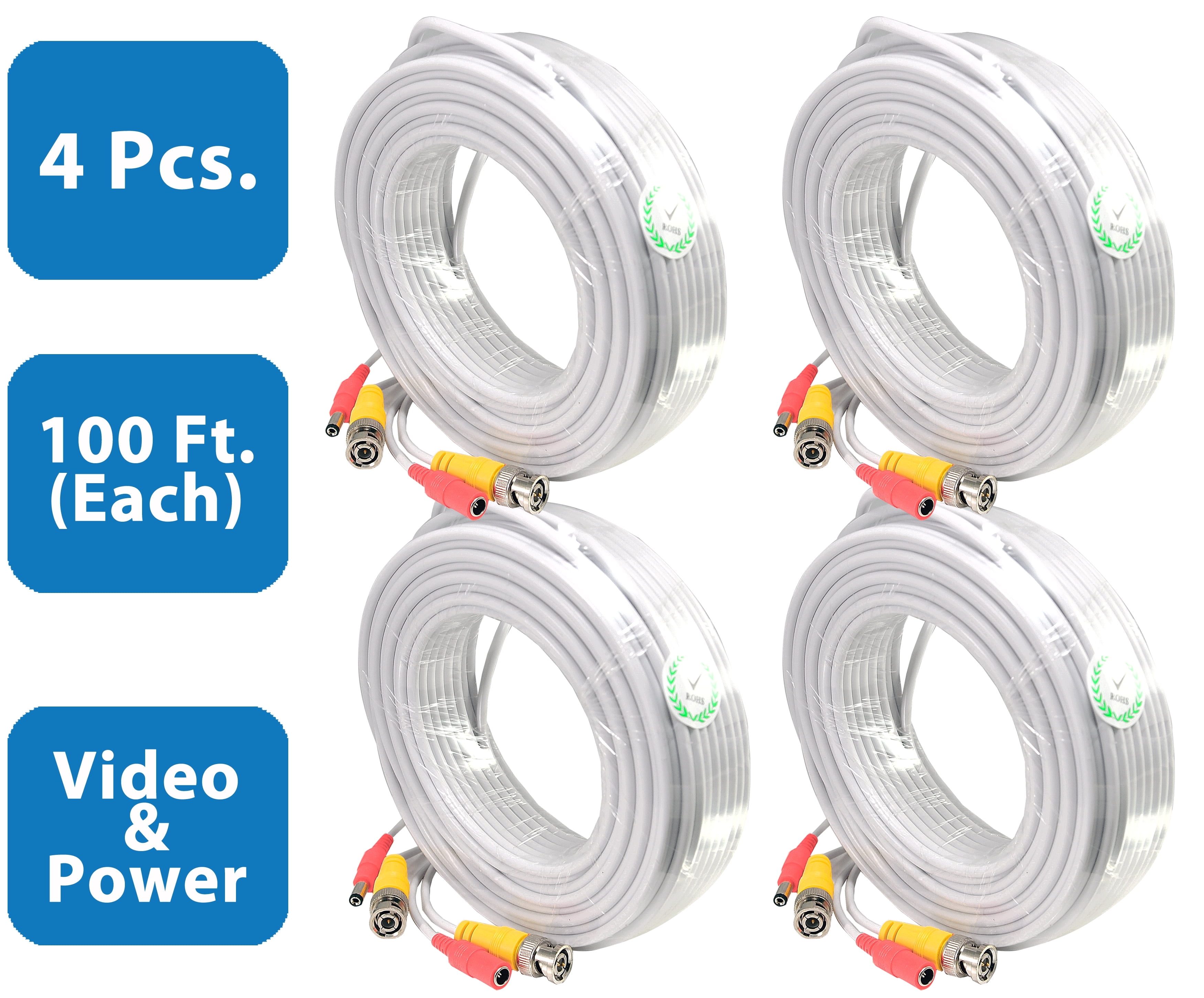 Evertech 4 Pcs 100 Feet White Ready-made Video and Power CCTV BNC Cable for Security Camera Surveillance Systems