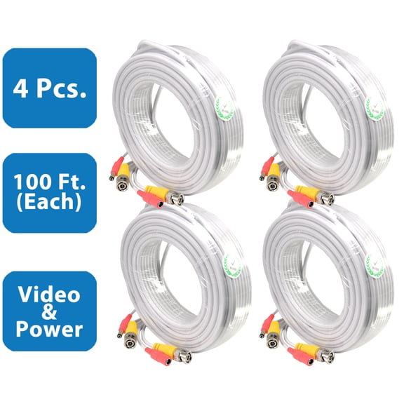 Evertech 4 Pcs 100 Feet White Ready-made Video and Power CCTV BNC Cable for Security Camera Surveillance Systems