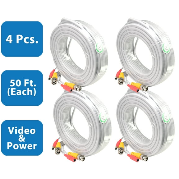 Evertech 4 Pcs 50 Feet White BNC Pre-Made Power & Video Cable for CCTV Security Camera Connections