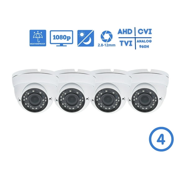 Evertech 4 pcs HD 1080p CCTV Security Surveillance Camera 4in1 TVI CVI AHD Analog Indoor Outdoor Wide Angle Manual Zoom Vari-Focal Lens Day Night Vision