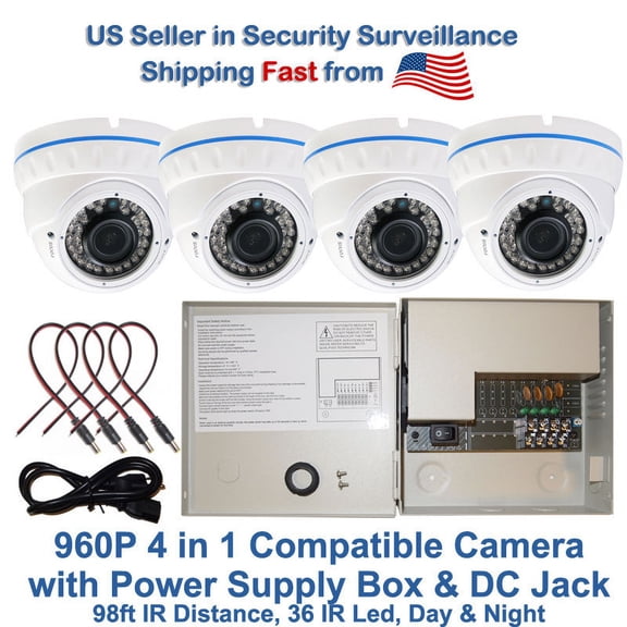 Evertech 4x 960P 4in1 Hybrid HD Day Night Vision CCTV Dome Security Camera and Power Supply w/ DC Jack