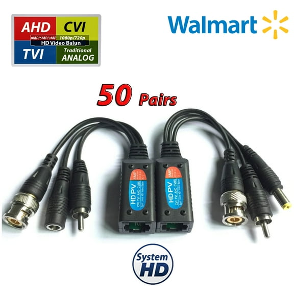 Evertech 50 PAIRS OF HD-CVI/TVI/AHD Passive Video Balun with Power Connector and RJ45 CAT5 Data Transmitter BNC Twisted Pair