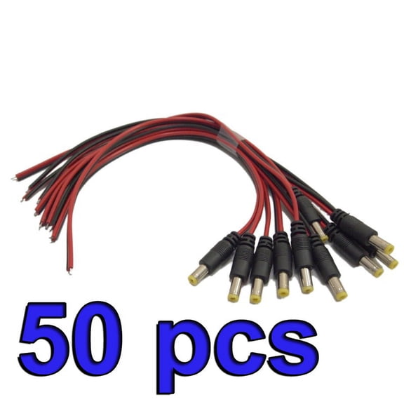 Evertech 50 Pcs 5.5 mm x 2.1 mm Yellow Tip DC Male End Jack Power Cable With Lead End Pigtail for CCTV Security Camera