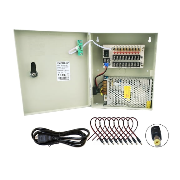 Evertech 8 Channel 12V DC 5A Power Supply Box with Power Connectors for CCTV Security Camera DVR