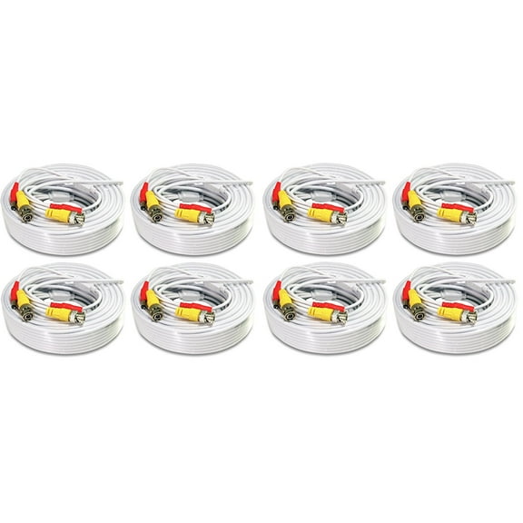 Evertech 8 Pcs 50 Feet Pre-Made White Video and Power BNC Siamese Cable for CCTV Security Camera