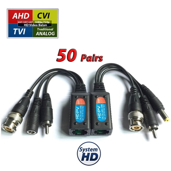 Evertech 8mp HD-CVI TVI AHD Passive Video Balun with Power Connector RJ45 CAT5 Data Transmitter - 50 Pairs