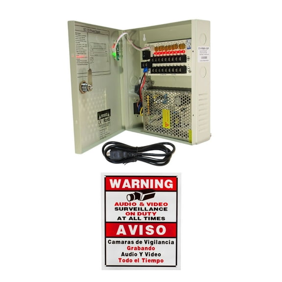 Evertech 9 Channel 12V DC 5 Amp PTC Fuse Power Supply Distribution Box with Key Lock for Security Camera Systems with Surveillance Warning Sign