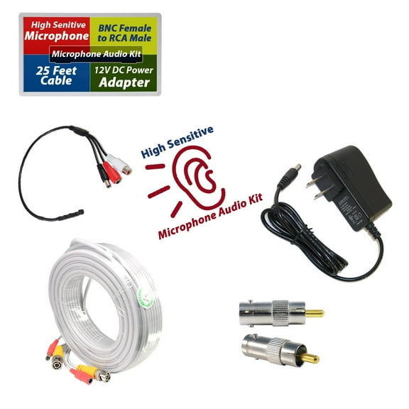 Evertech CCTV 25ft Video Power Cable Mic set with 12V DC Power Supply and RCA Connectors
