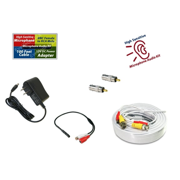 Evertech CCTV Microphone Kit for Security System, 100 FT White Cable, 12V DC Adapter