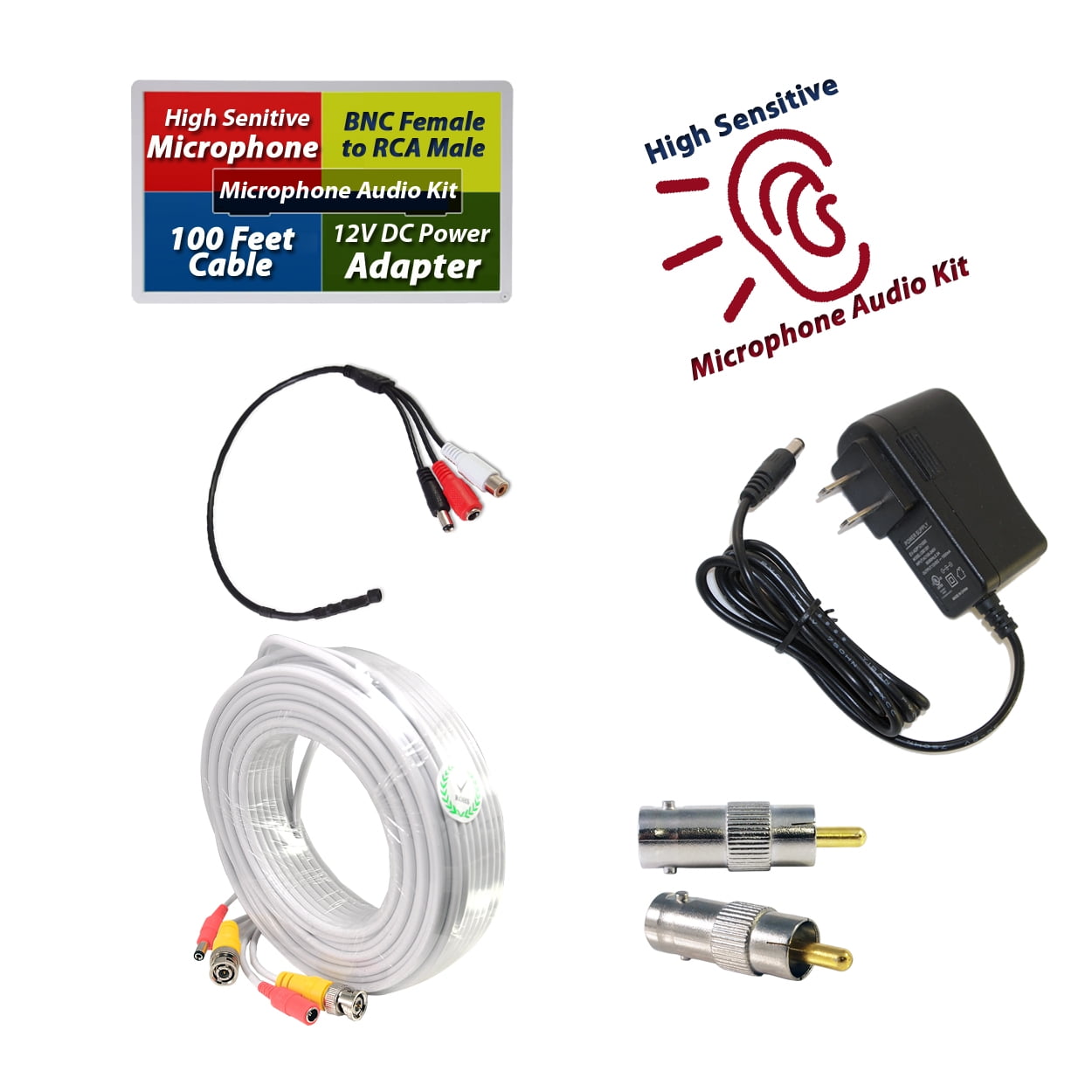 Evertech CCTV Microphone Kit with 100 Feet Pre-made CCTV Cable and 12V DC Power Supply