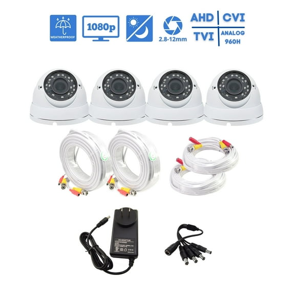 Evertech HD 2MP 1080P Outdoor Indoor Weatherproof Adjustable Lens Night Vision Set of 4 Dome Surveillance Cameras , Cables and Power Supply with 4 Way Power Splitter