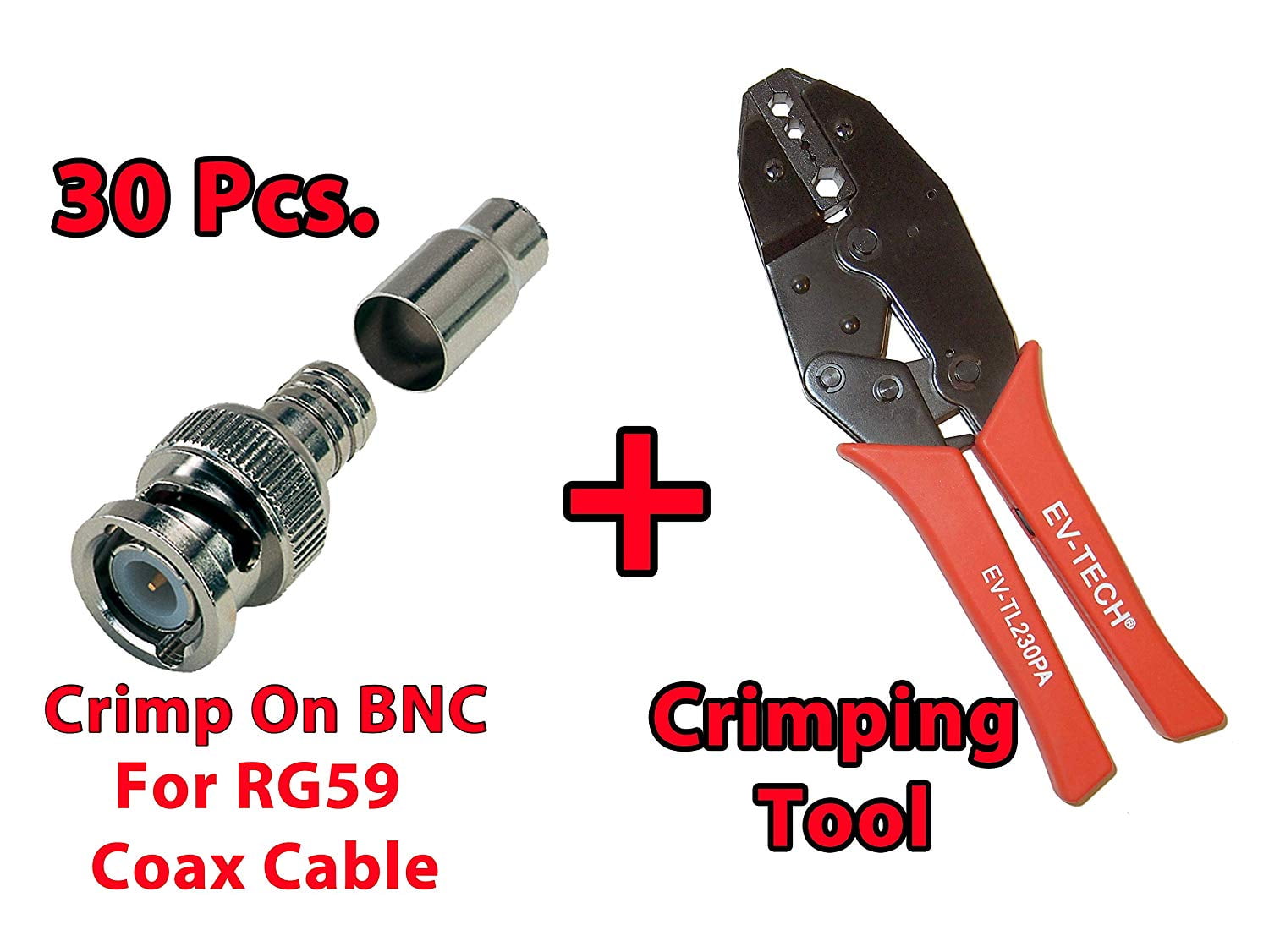 Evertech Professional Coaxial Crimping Tool + 30 Pcs BNC Male Crimp On Connector for Siamese RG59