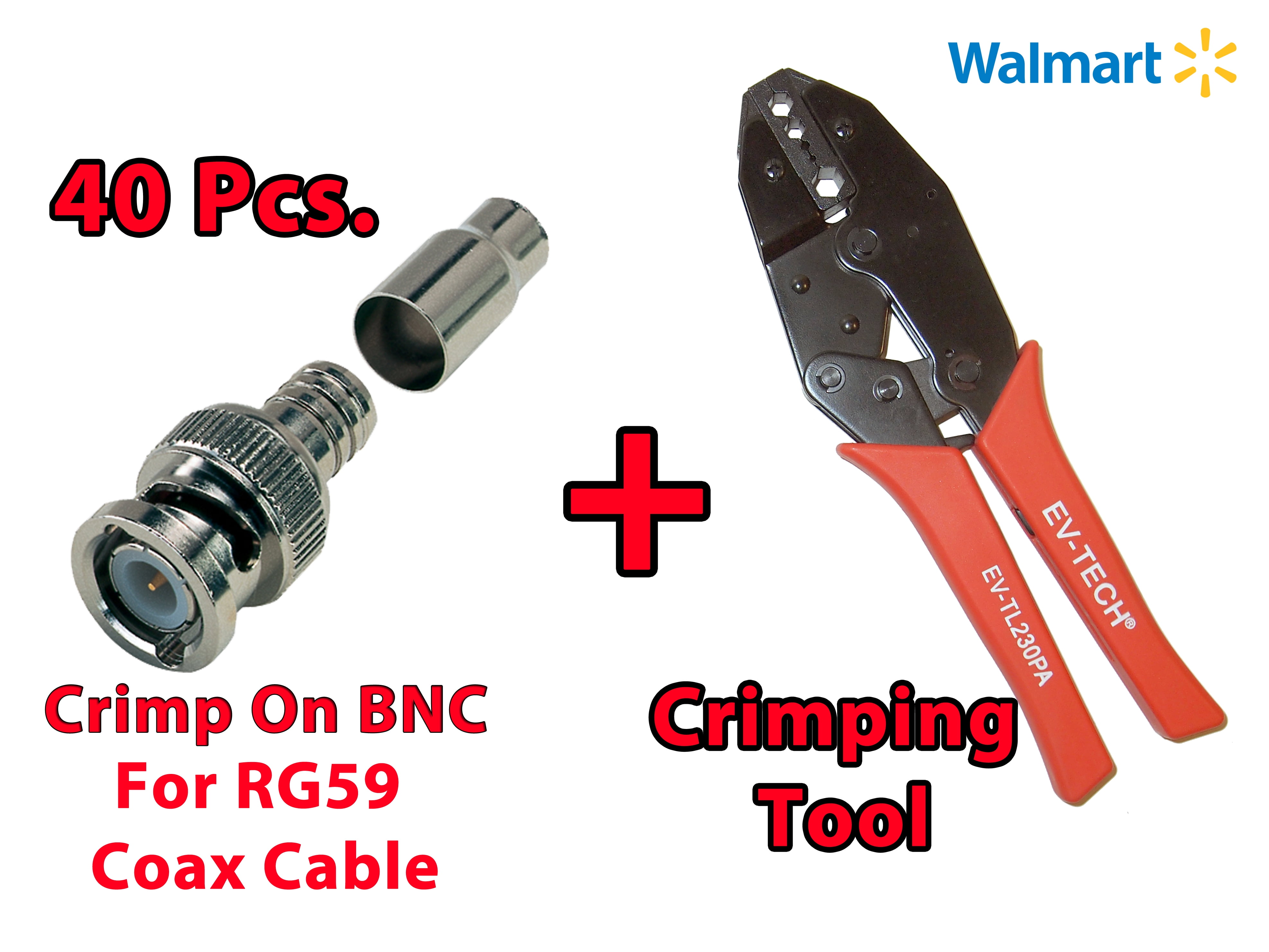 Evertech Professional Coaxial Crimping Tool + 40 Pcs BNC Male Crimp On Connector for Siamese RG59