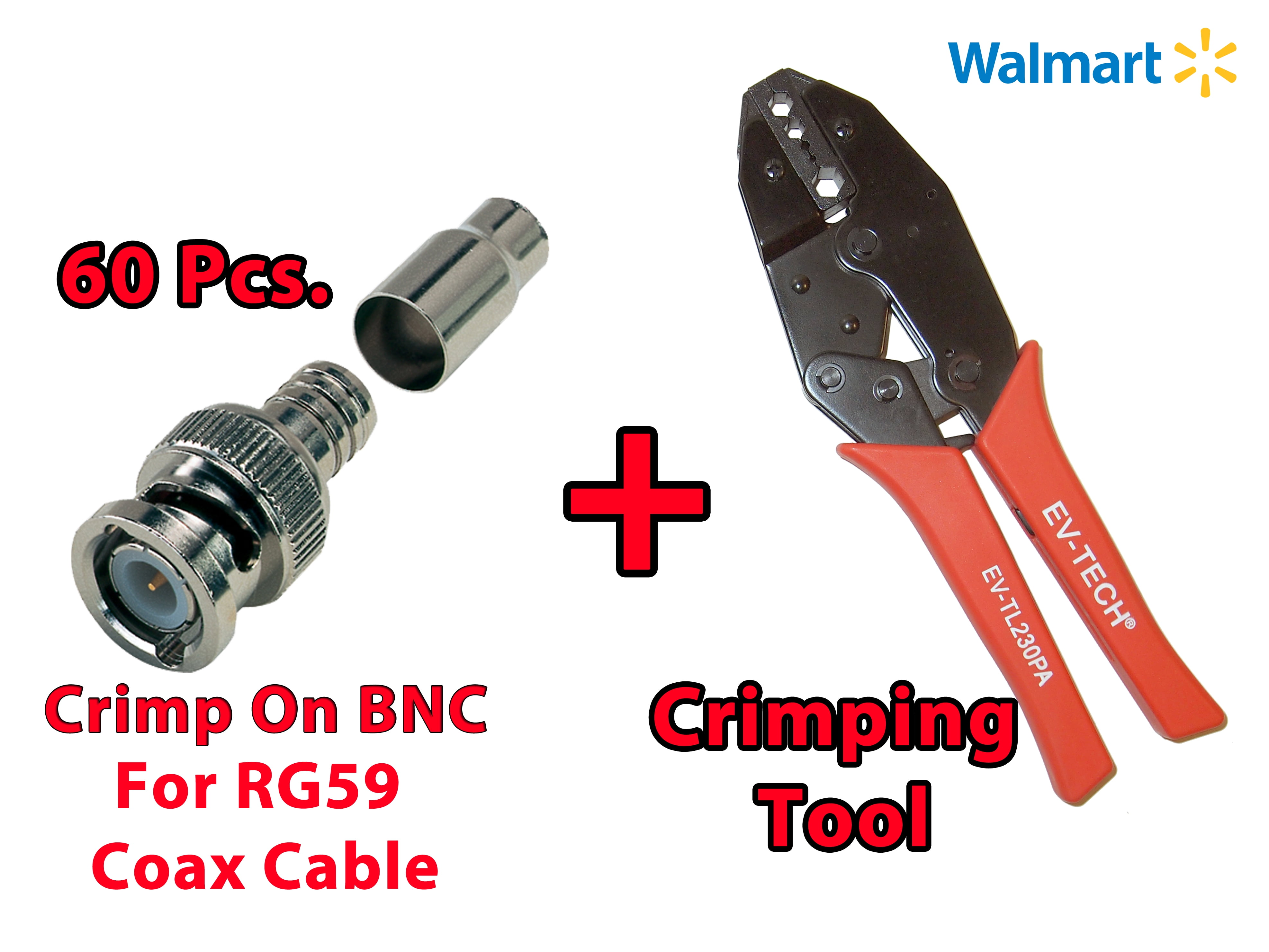 Evertech Professional Coaxial Crimping Tool with 60 Pcs BNC Crimp Connector for Siamese RG59