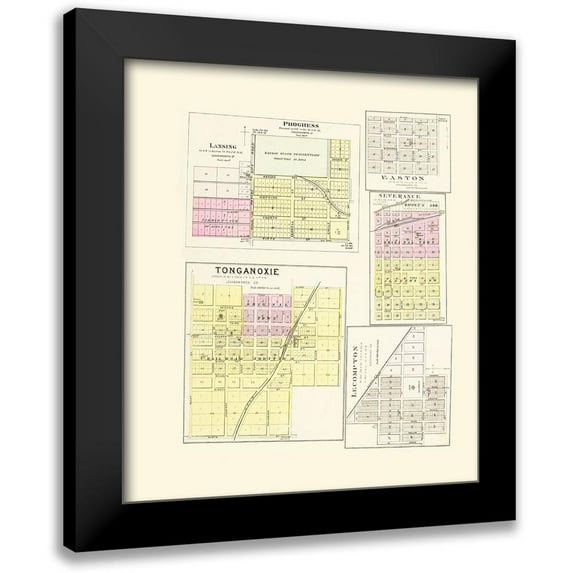 Everts 20x22 Black Modern Framed Museum Art Print Titled - Lecompton, Lansing, Progress, Easton, Tonganoxie