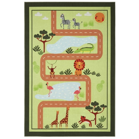 Everwash™ Imagine Jungle Road Kids Machine Washable Area Rug, Green/Yellow, 4'x6'