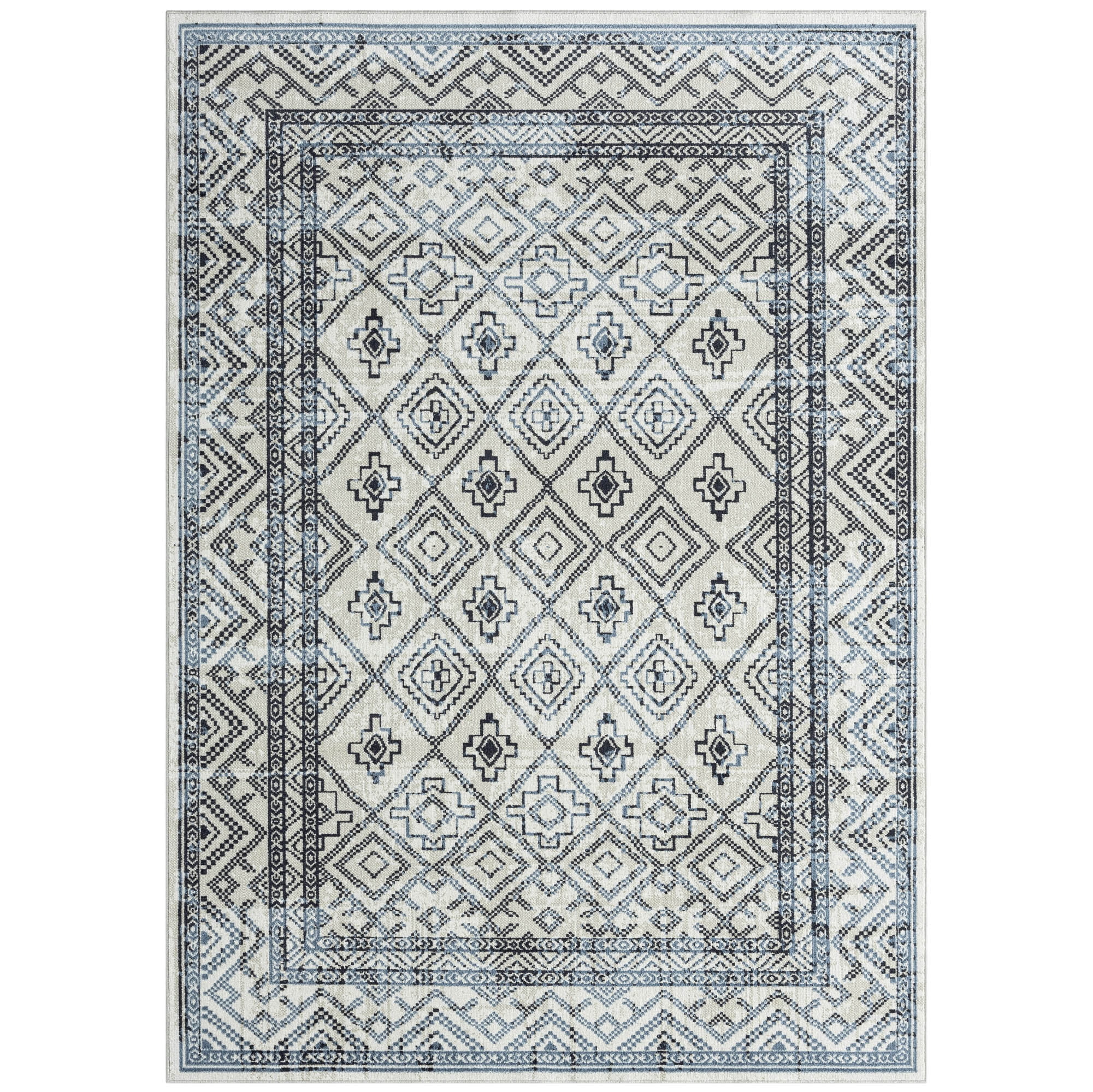 Everwash™ Treasure Cambria Southwest Geometric Machine Washable Area Rug, Beige/Navy Blue, 5'2"x7'2"
