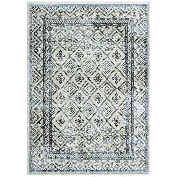 Everwash™ Treasure Cambria Southwest Geometric Machine Washable Area Rug, Beige/Navy Blue, 5'2"x7'2"