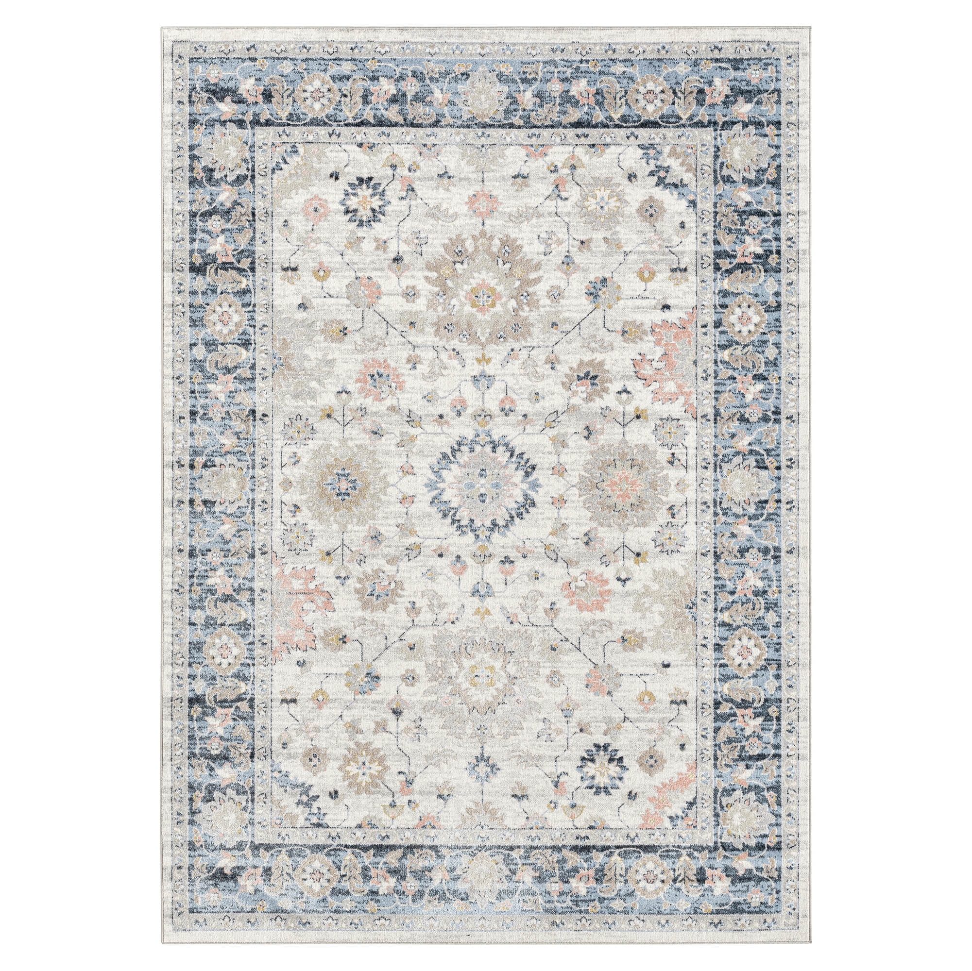 Everwash Treasure Lina Traditional Medallion Machine Washable Indoor Area Rug, Ivory/Blue, 5'2"x7'2"