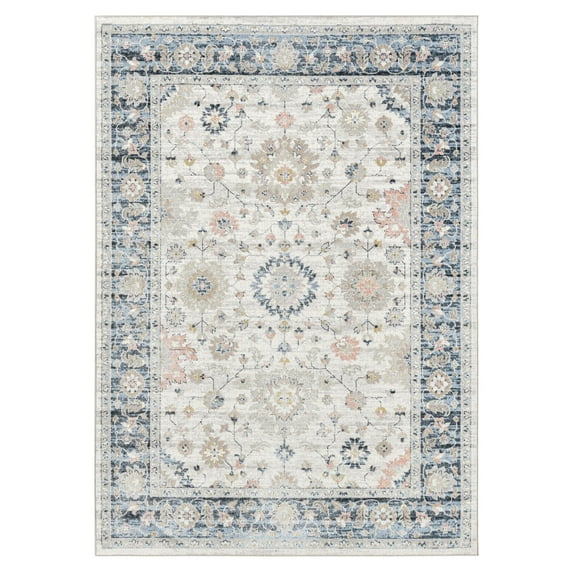Everwash Treasure Lina Traditional Medallion Machine Washable Indoor Area Rug, Ivory/Blue, 6'6"x9'2"