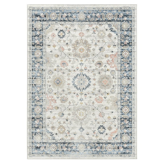 Everwash Treasure Lina Traditional Medallion Machine Washable Indoor Area Rug, Ivory/Blue, 6'6"x9'2"